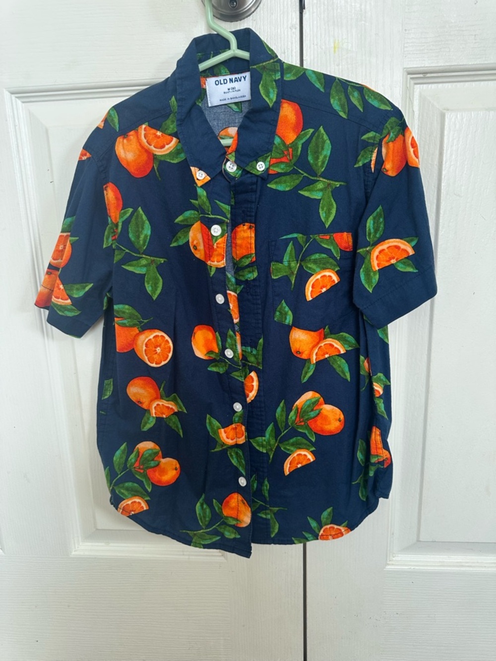 Old Navy Navy Blue Short-Sleeve Button-Up Shirt with Orange Print